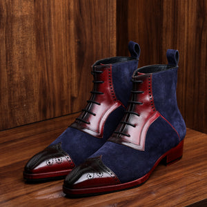 Wingtip Lace Up Ankle Boots - Navy Suede & Burgundy