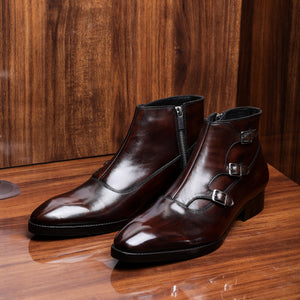 Triple Monk Strap Zipper Boots - Dark Brown