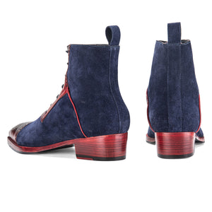 Wingtip Lace Up Ankle Boots - Navy Suede & Burgundy