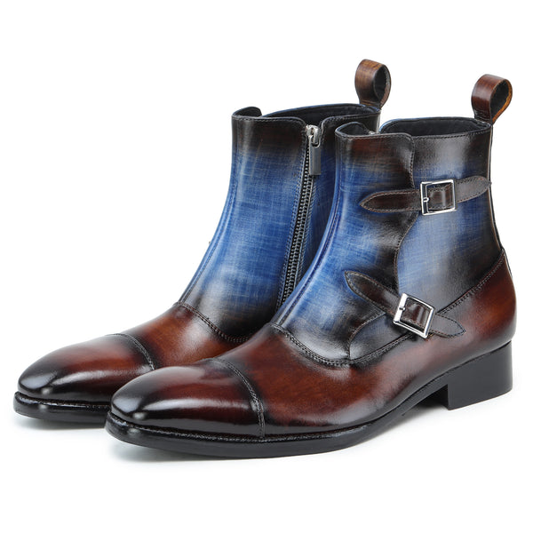 Cap toe Double Monk Strap Zipper Boots - Brown & Blue | Lethato