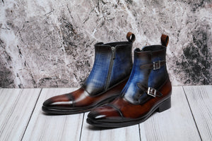 Captoe Double Monk Strap Zipper Boots - Brown & Blue