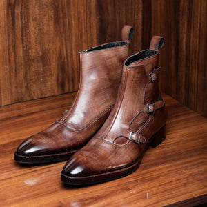 Triple Monk Strap Boots - Brown