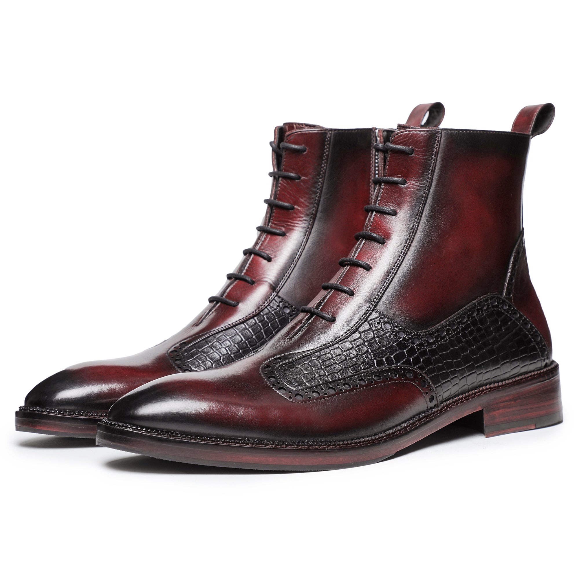 Plain Toe Lace up Boots with Zipper - Wine Red | Lethato Plain Toe Lace up Boots with Zipper - Wine Red | Lethato