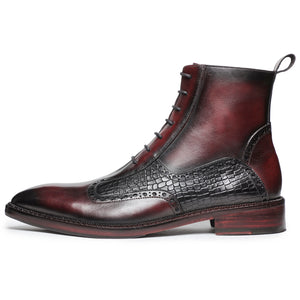 Plain Toe Lace up Boots with Zipper - Wine Red