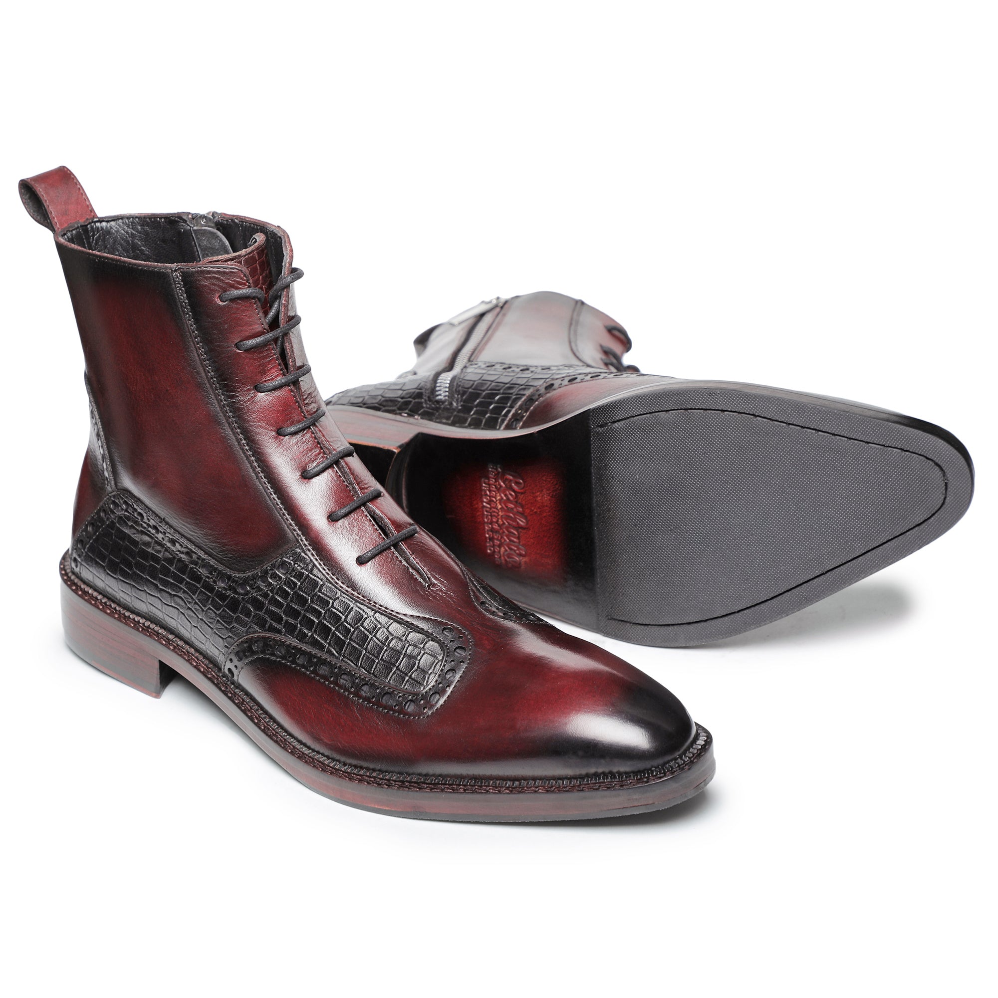 Plain Toe Lace up Boots with Zipper - Wine Red | Lethato Plain Toe Lace up Boots with Zipper - Wine Red | Lethato