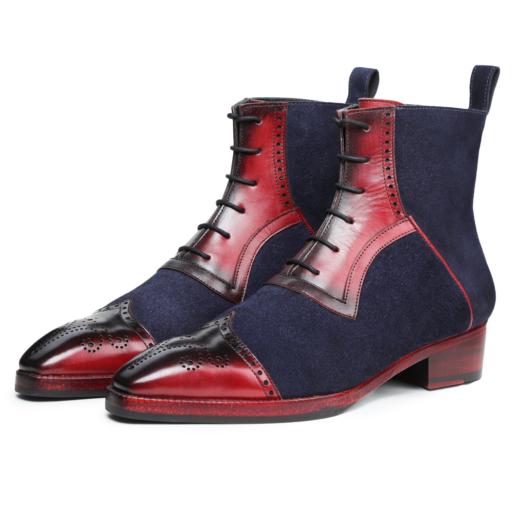 Wingtip Lace Up Ankle Boots - Navy Suede u0026 Burgundy