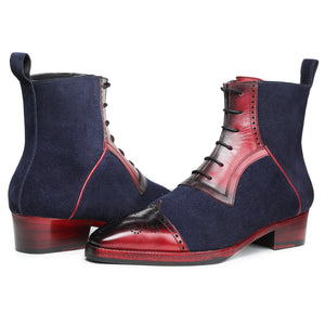 Wingtip Lace Up Ankle Boots - Navy Suede & Burgundy