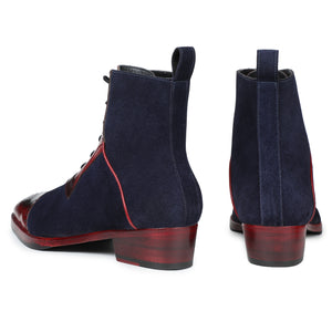 Wingtip Lace Up Ankle Boots - Navy Suede & Burgundy