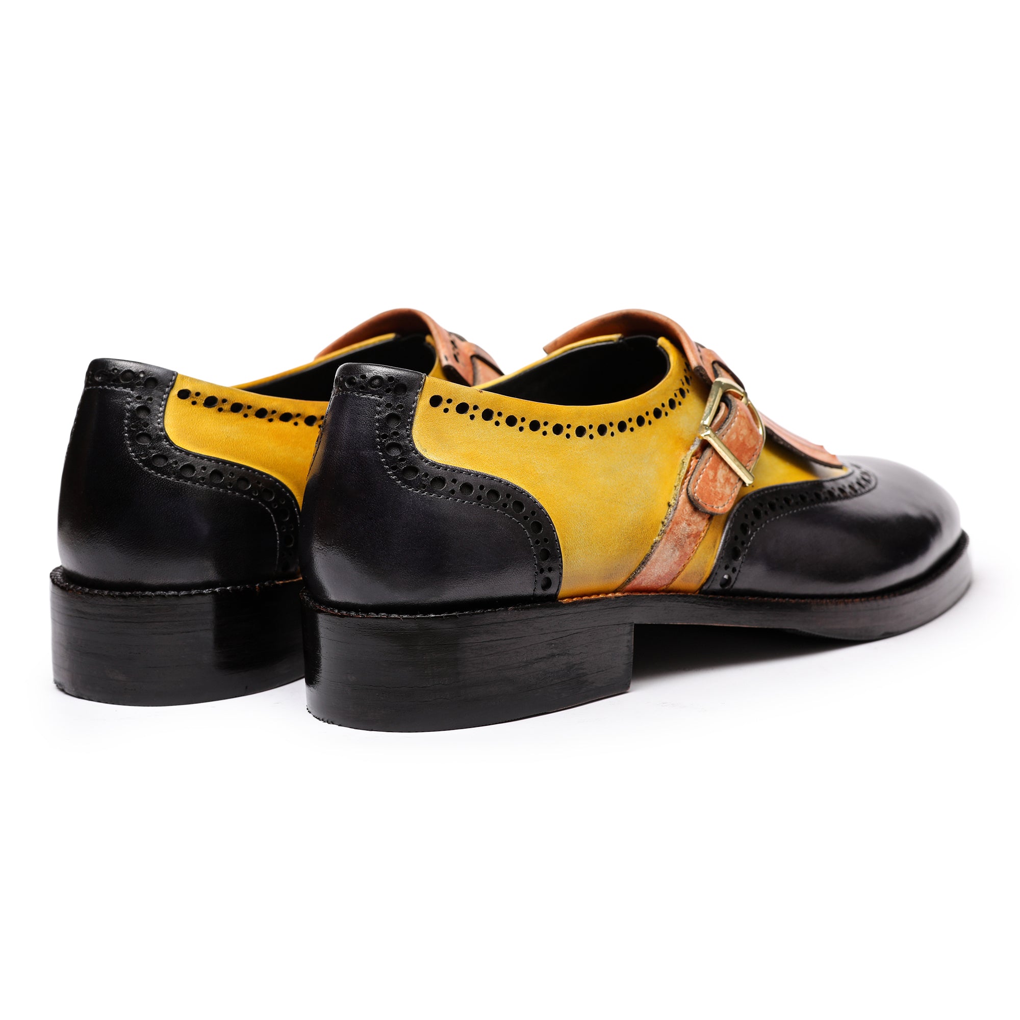 Wingtip Brogue Kiltie Monk Strap Shoes- Tan & Black - Lethato Wingtip Brogue Kiltie Monk Strap Shoes- Tan & Black - Lethato