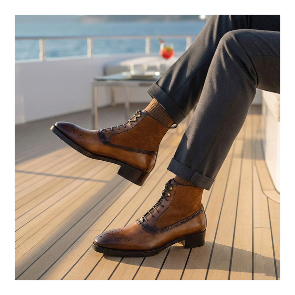 Balmoral Ankle Lace Up Boots - Camel Suede & Tan | Lethato