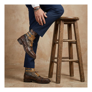 Cap Toe  Lace up Boots - Croc Brown