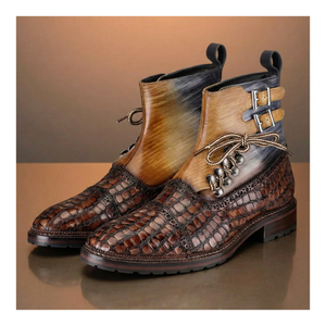 Cap Toe  Lace up Boots - Croc Brown