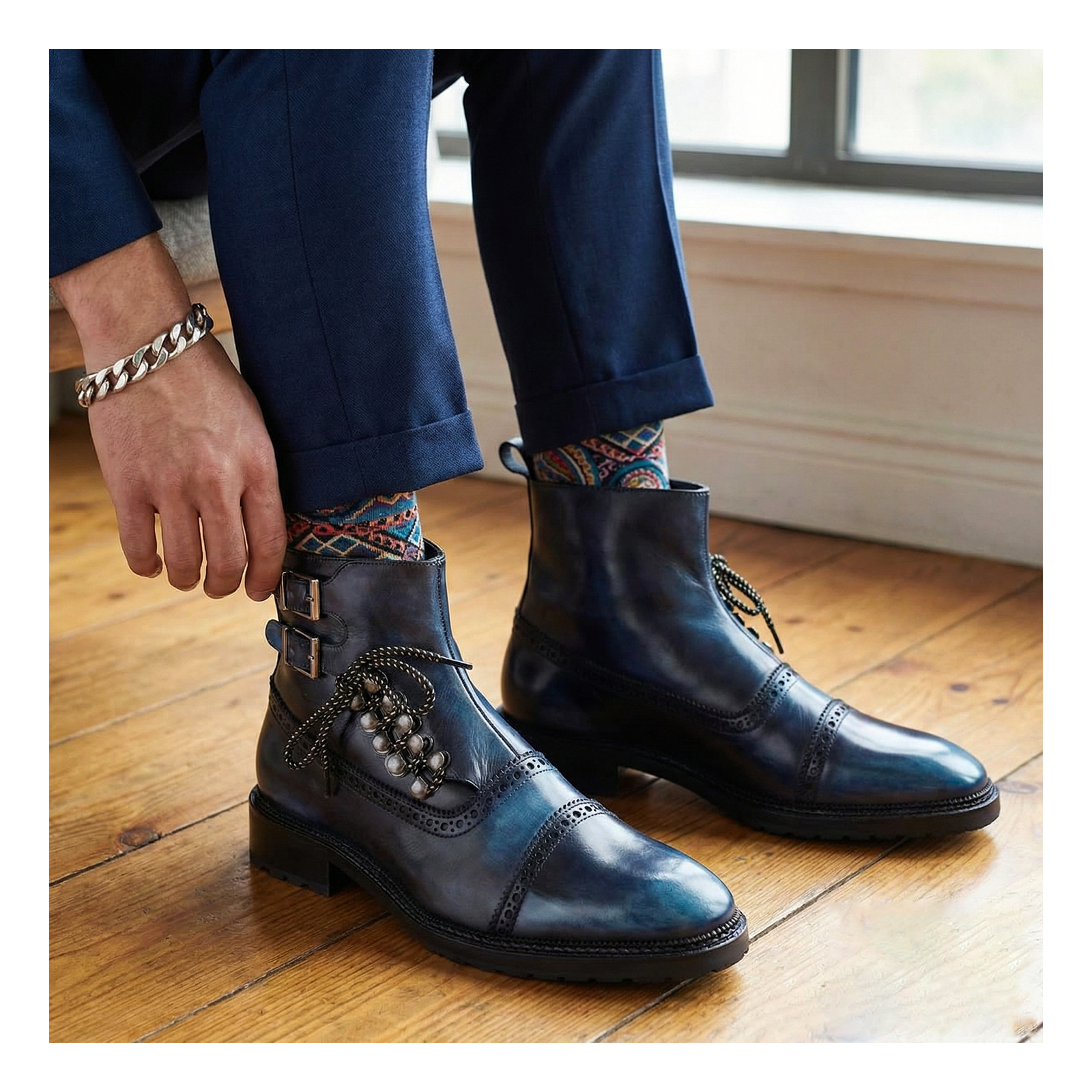Cap Toe Lace up Boots - Navy