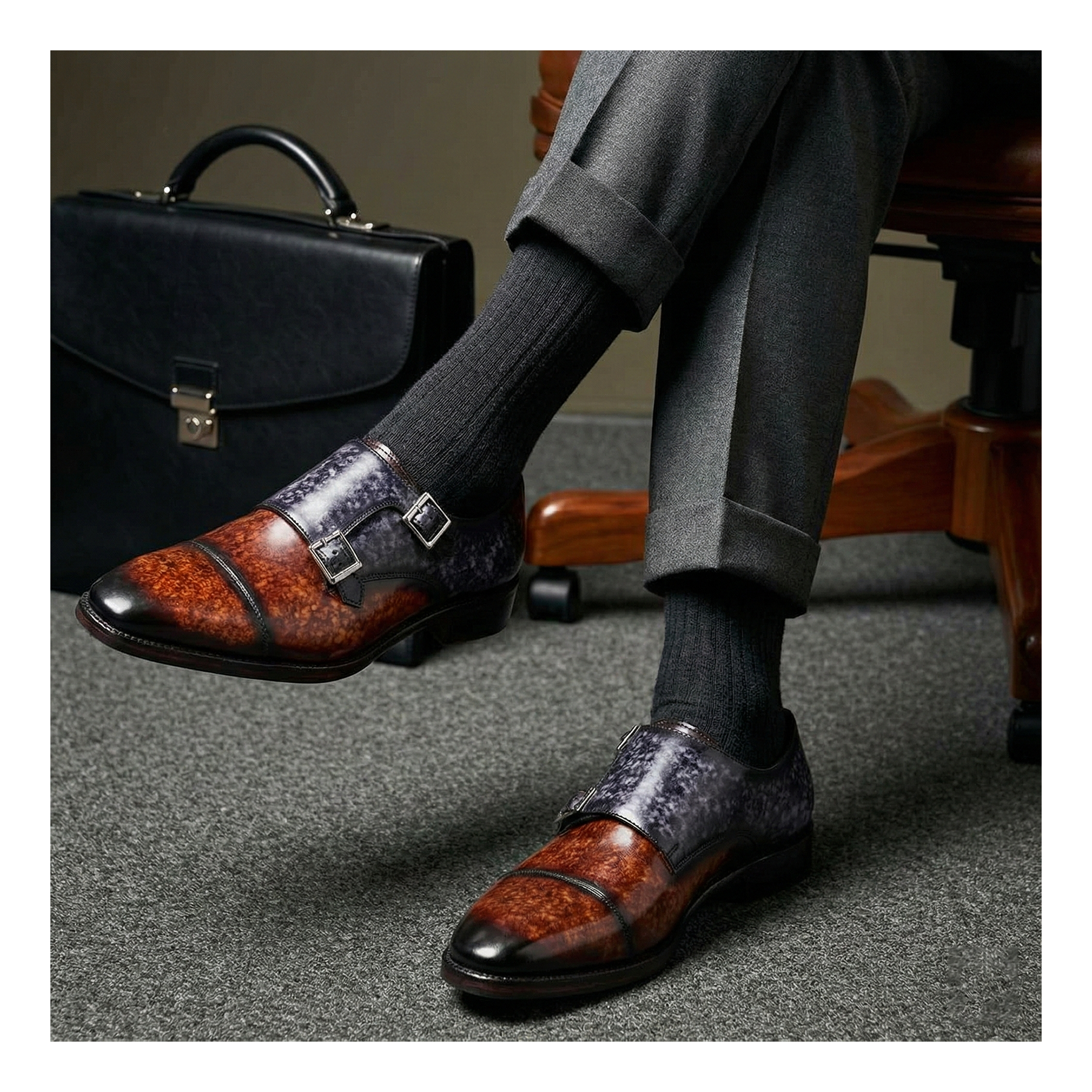 Men's Captoe Double Monk Strap Shoes - Brown & Purple by Lethato