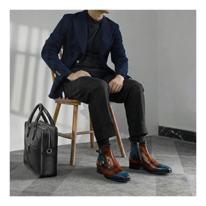 Captoe Double Monk Strap Zipper Boots - Tan & Blue