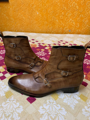 Triple Monk Strap Zipper Boots - Wooden