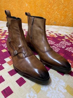 Triple Monk Strap Zipper Boots - Wooden