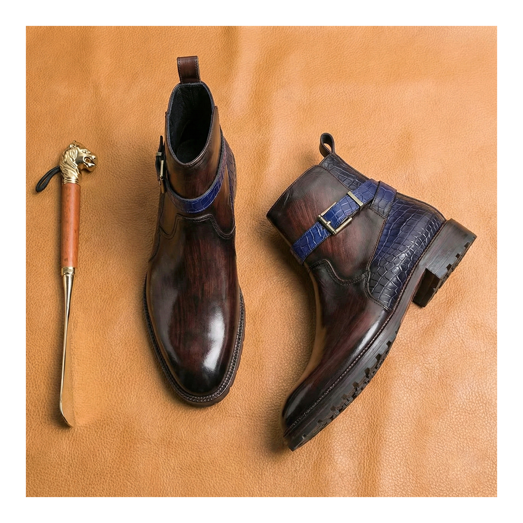 ブーツ UNDERCOVER JODHPUR BOOTS Men's Jodhpur Boots- Croc Navy & Brown | Lethato