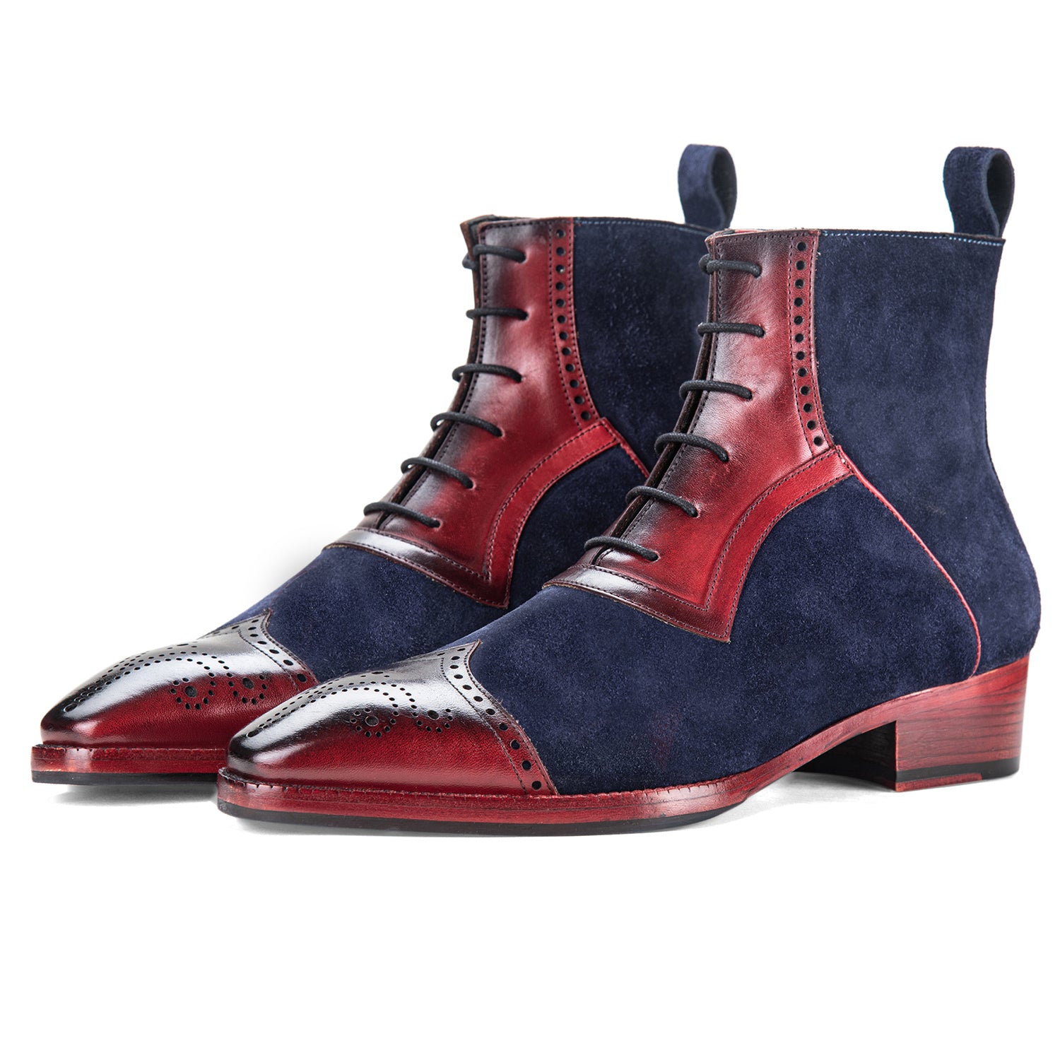 Wingtip Lace Up Ankle Boots - Navy Suede & Burgundy | Lethato