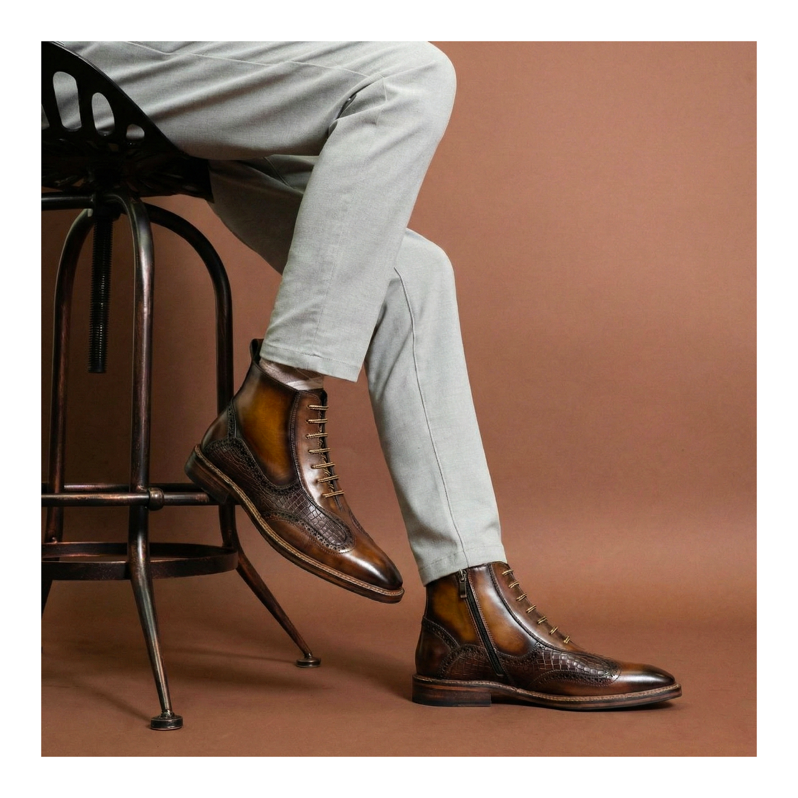 Plain Toe Lace up Boots with Zipper - Brown