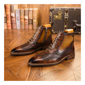 Plain Toe Lace up Boots with Zipper - Brown