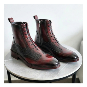 Plain Toe Lace up Boots with Zipper - Wine Red