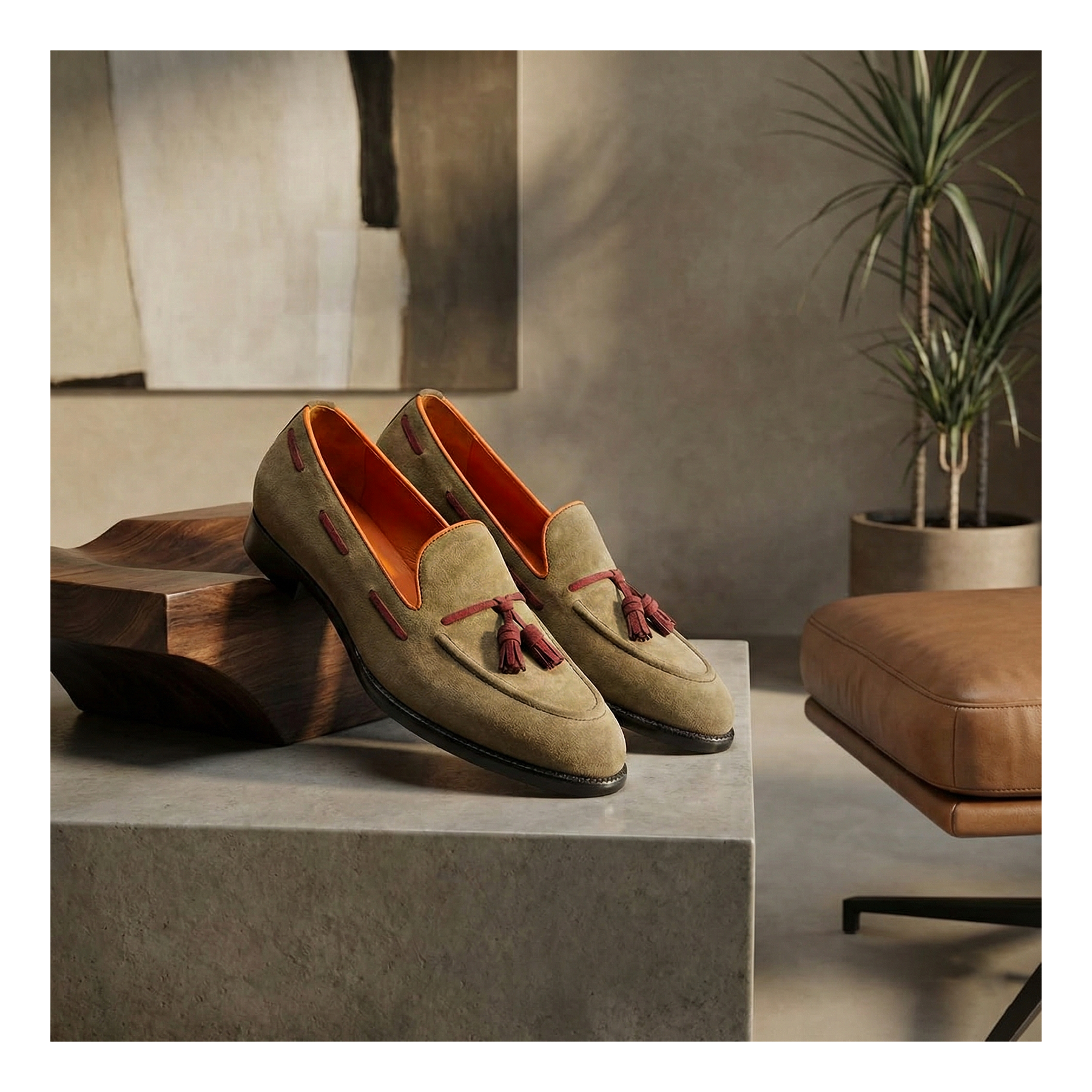 Men's Suede Tassel Loafers - Olive Suede | Lethato