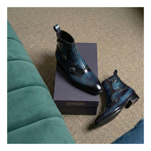 Triple Monk Strap Boots - Navy