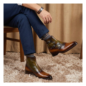 Triple Monk Strap Boots - Tan & Olive