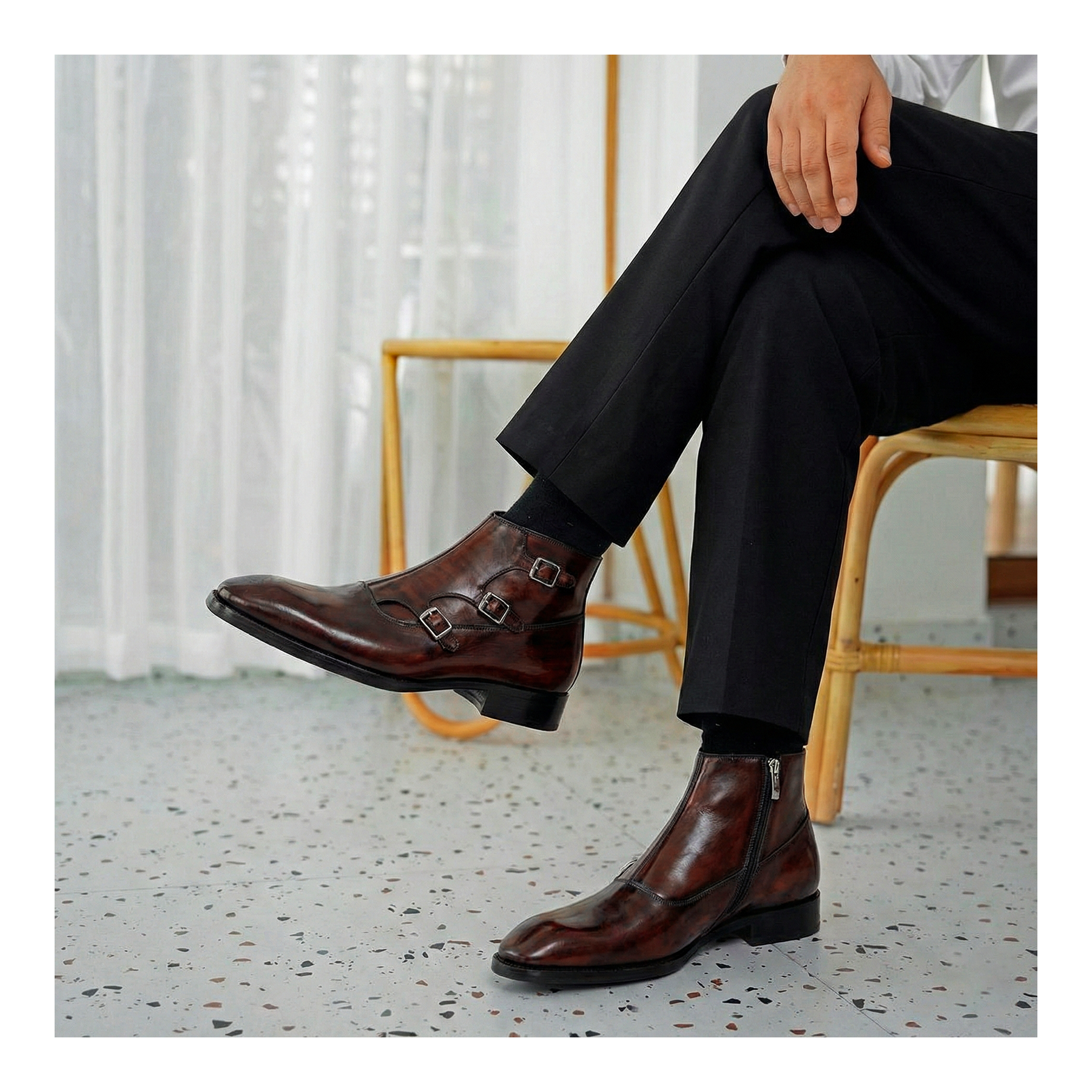 Triple Monk Strap Zipper Boots - Dark Brown | Lethato