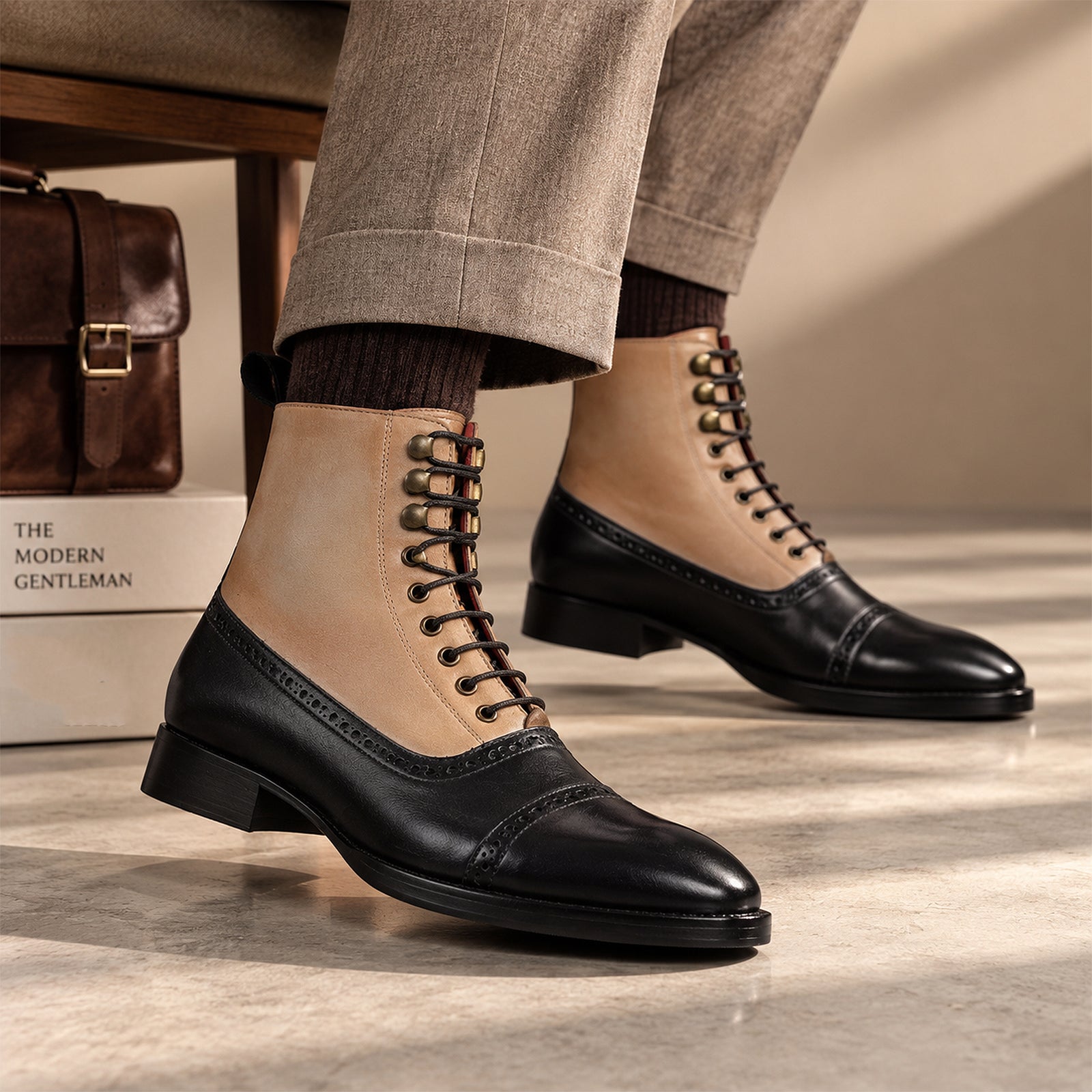 Cap Toe Lace up Boots - Black & Beige