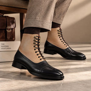 Cap Toe Lace up Boots - Black & Beige