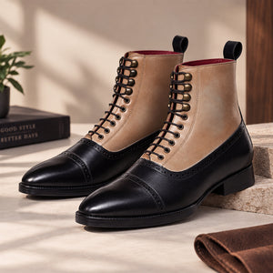 Cap Toe Lace up Boots - Black & Beige