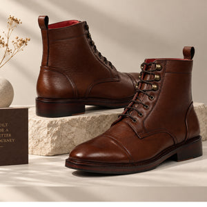 Cap Toe Derby Lace up Boots - Brown