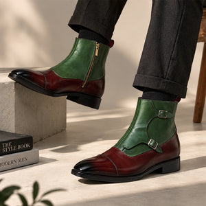 Captoe Double Monk Strap Zipper Boots - Burgundy & Green