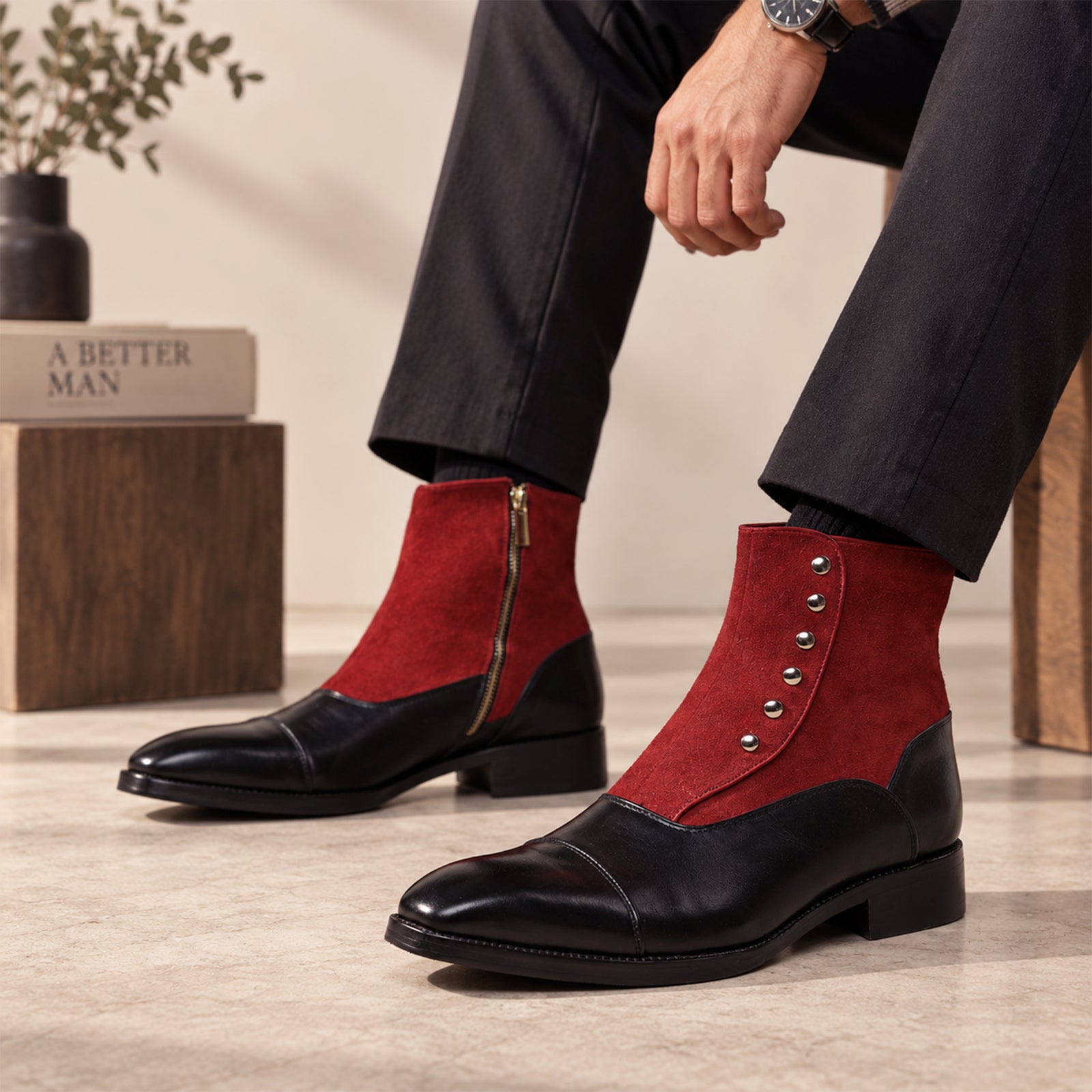 Zipper Boots - Black & Red Suede