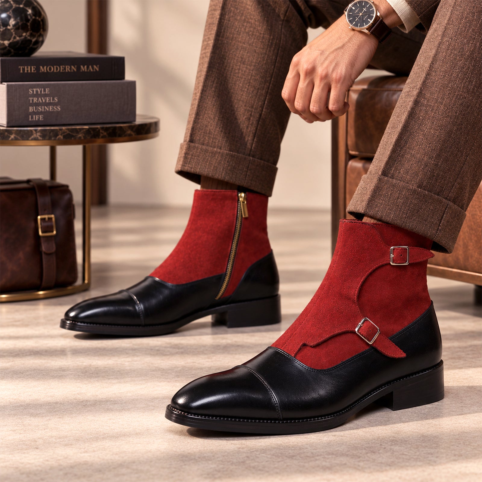 Captoe Double Monk Strap Zipper Boots - Black & Red Suede
