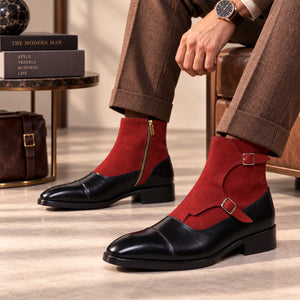 Captoe Double Monk Strap Zipper Boots - Black & Red Suede