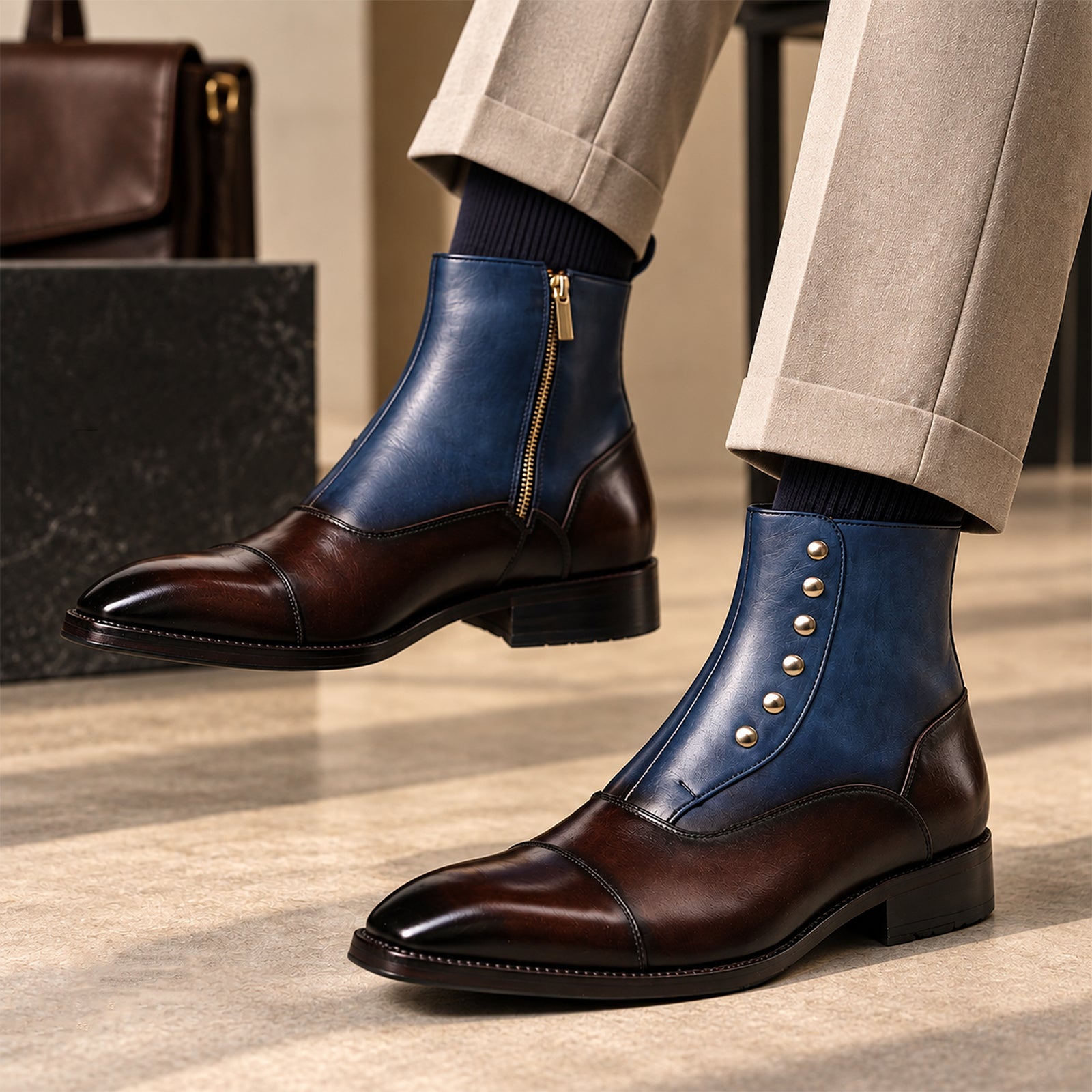 Zipper Boots - Brown & Navy