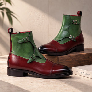 Captoe Double Monk Strap Zipper Boots - Burgundy & Green