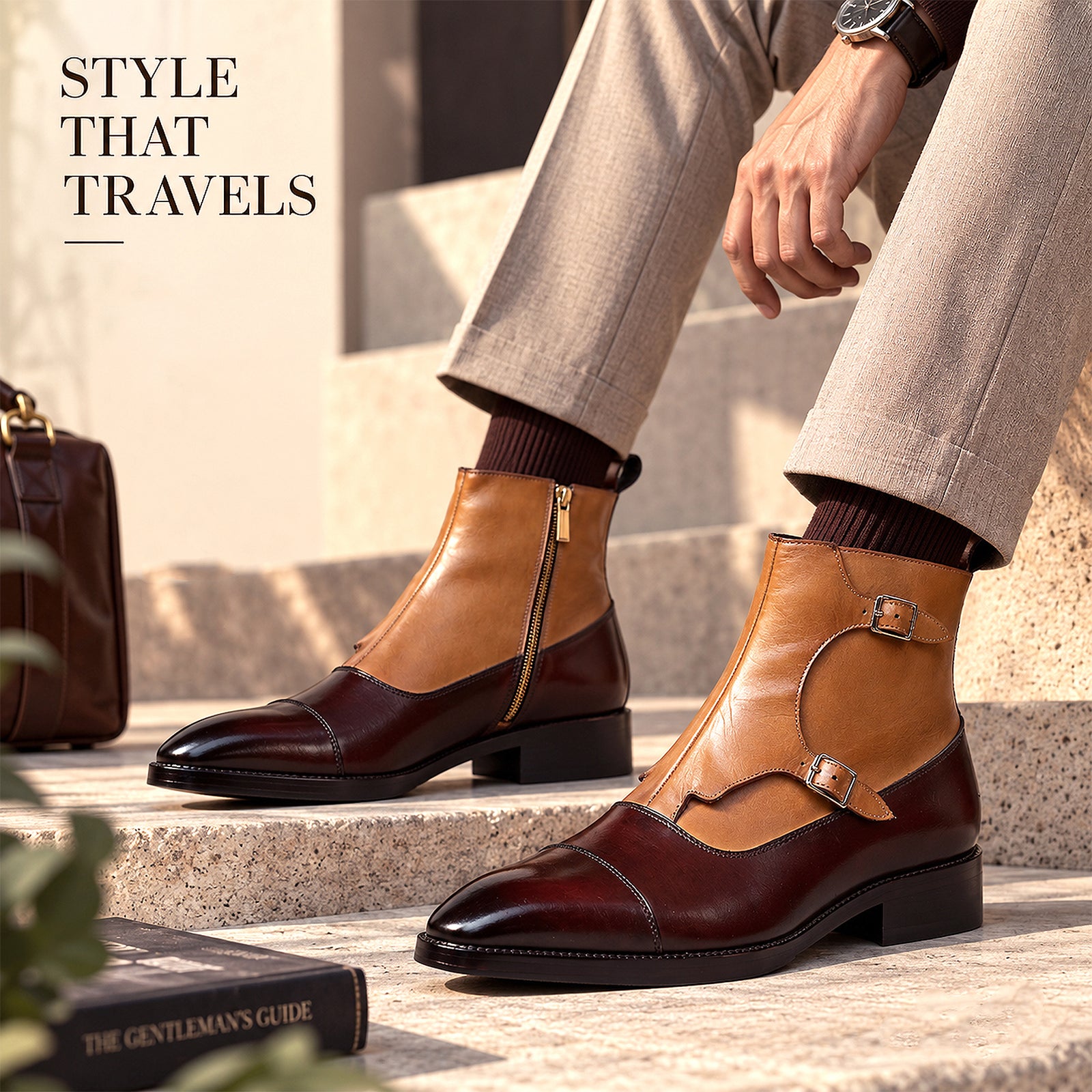 Captoe Double Monk Strap Zipper Boots - Brown & Tan