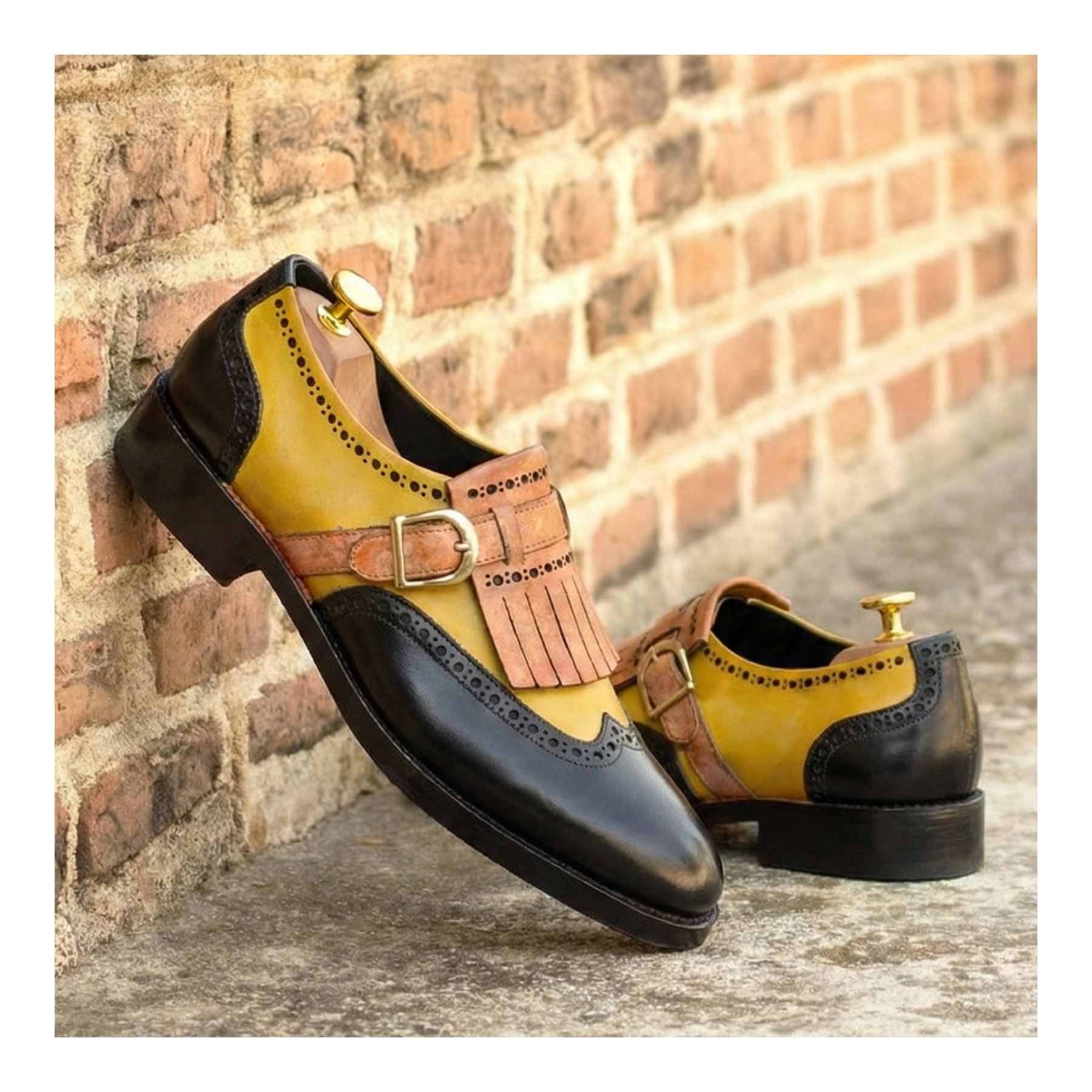 Wingtip Brogue Kiltie Monk Strap Shoes- Tan & Black
