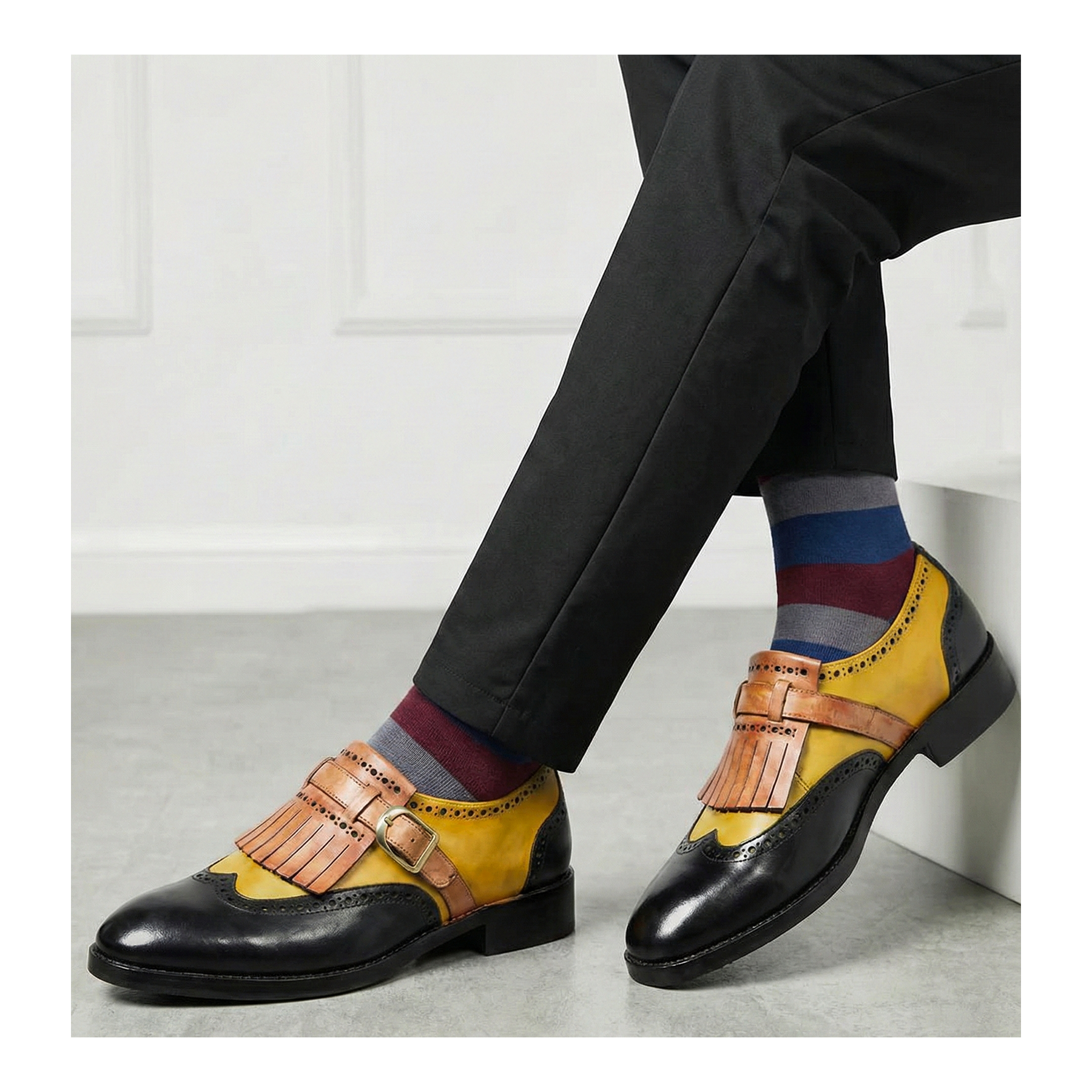 Moretti Black Label Monk Strap Wingtip 9.5 Tri-Color Leather Brogue Dress Shoes Wingtip Brogue Kiltie Monk Strap Shoes- Tan & Black - Lethato main image 2