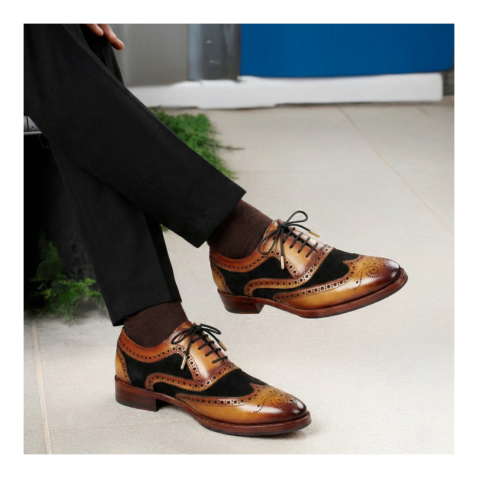 Wingtip Brogue Oxford- Tan Black Suede