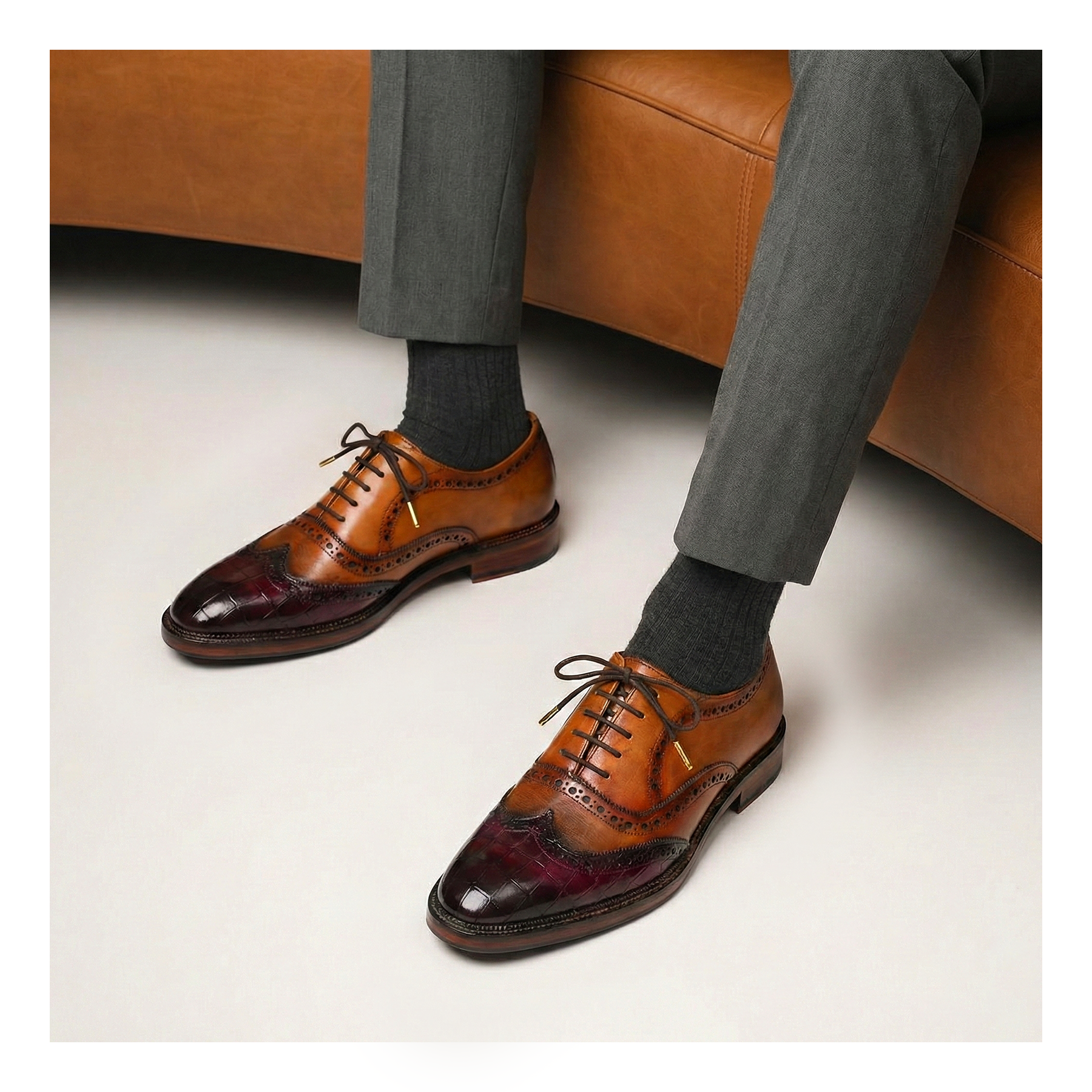baldwin Dark Brown Leather Wingtip Oxfords with Croc-Texture Accents Wingtip Brogue Oxford- Tan Black Suede | Lethato main image 4