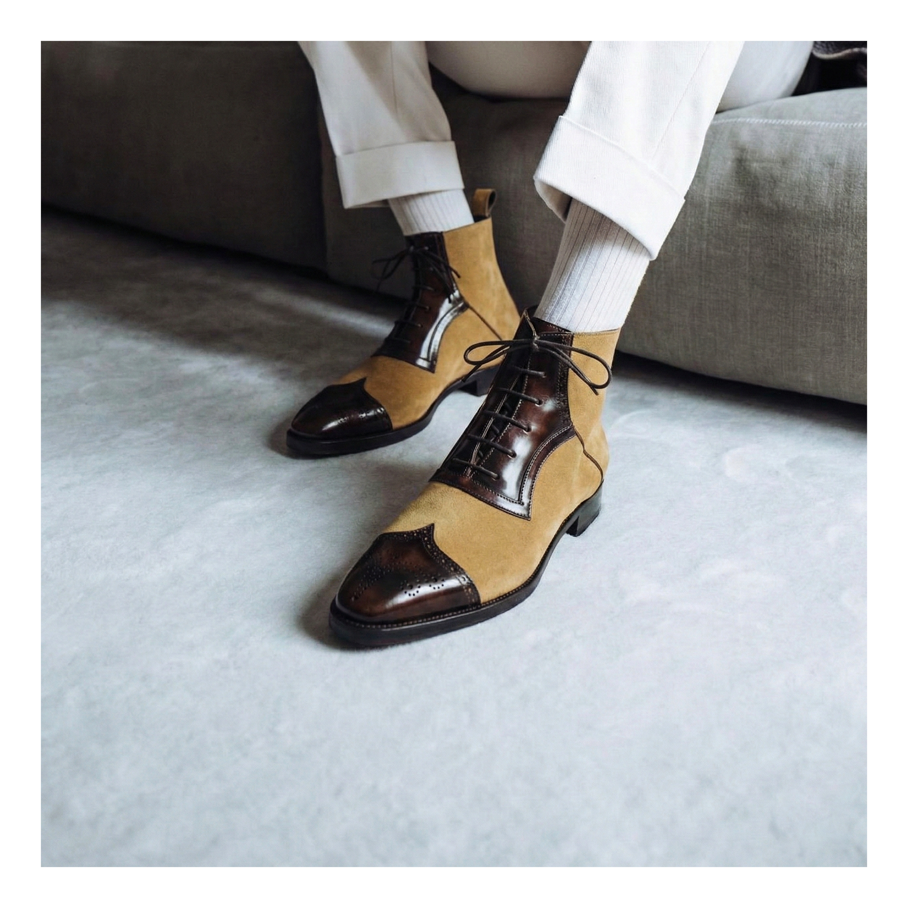 Wingtip Lace Up Ankle Boots - Beige Suede & Brown | Lethato