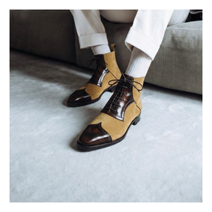 Wingtip Lace Up Ankle Boots - Beige Suede & Brown