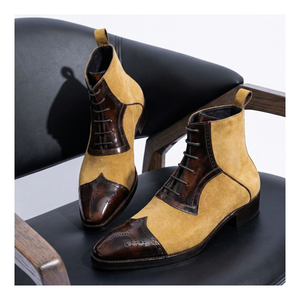 Wingtip Lace Up Ankle Boots - Beige Suede & Brown