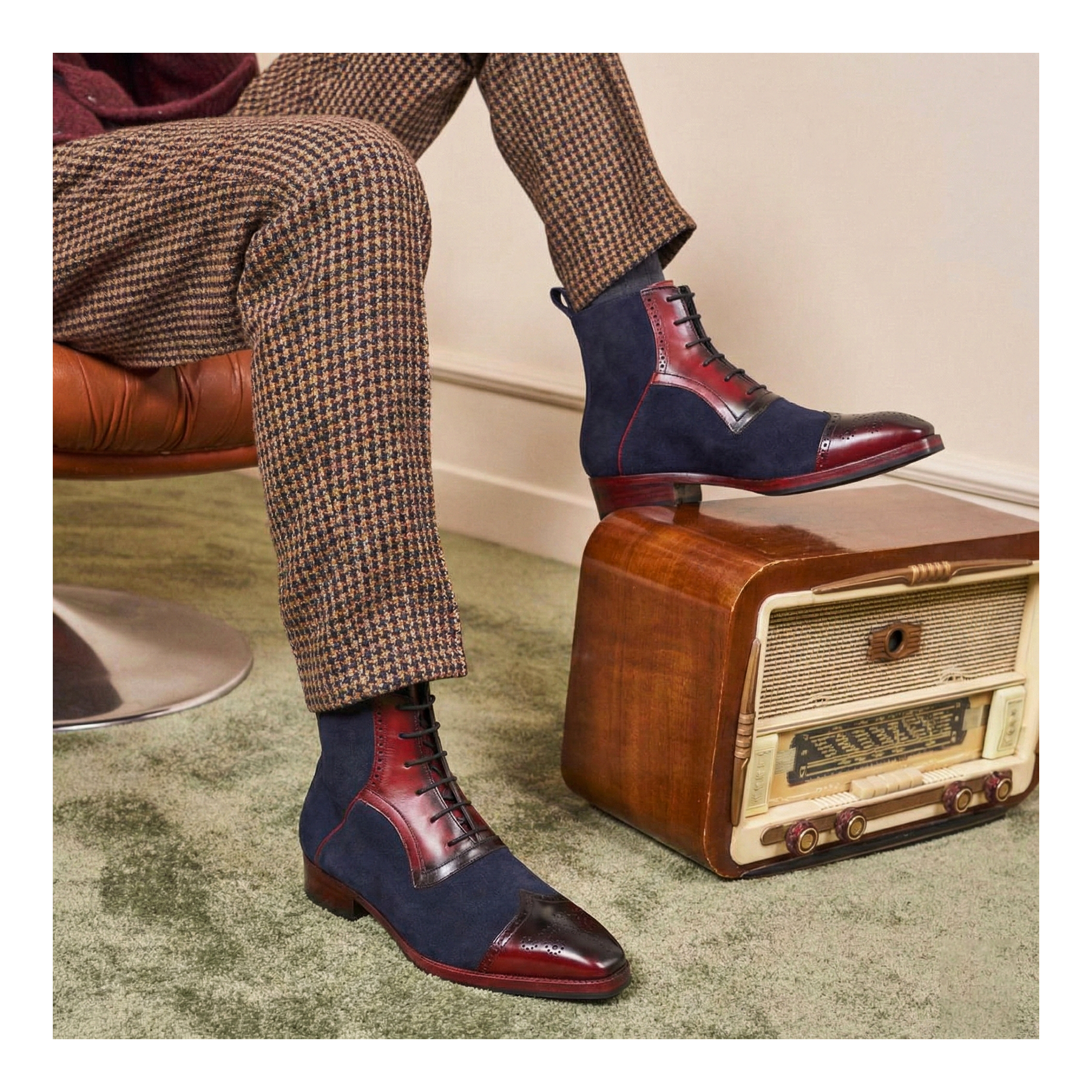 Wingtip Lace Up Ankle Boots - Navy Suede & Burgundy