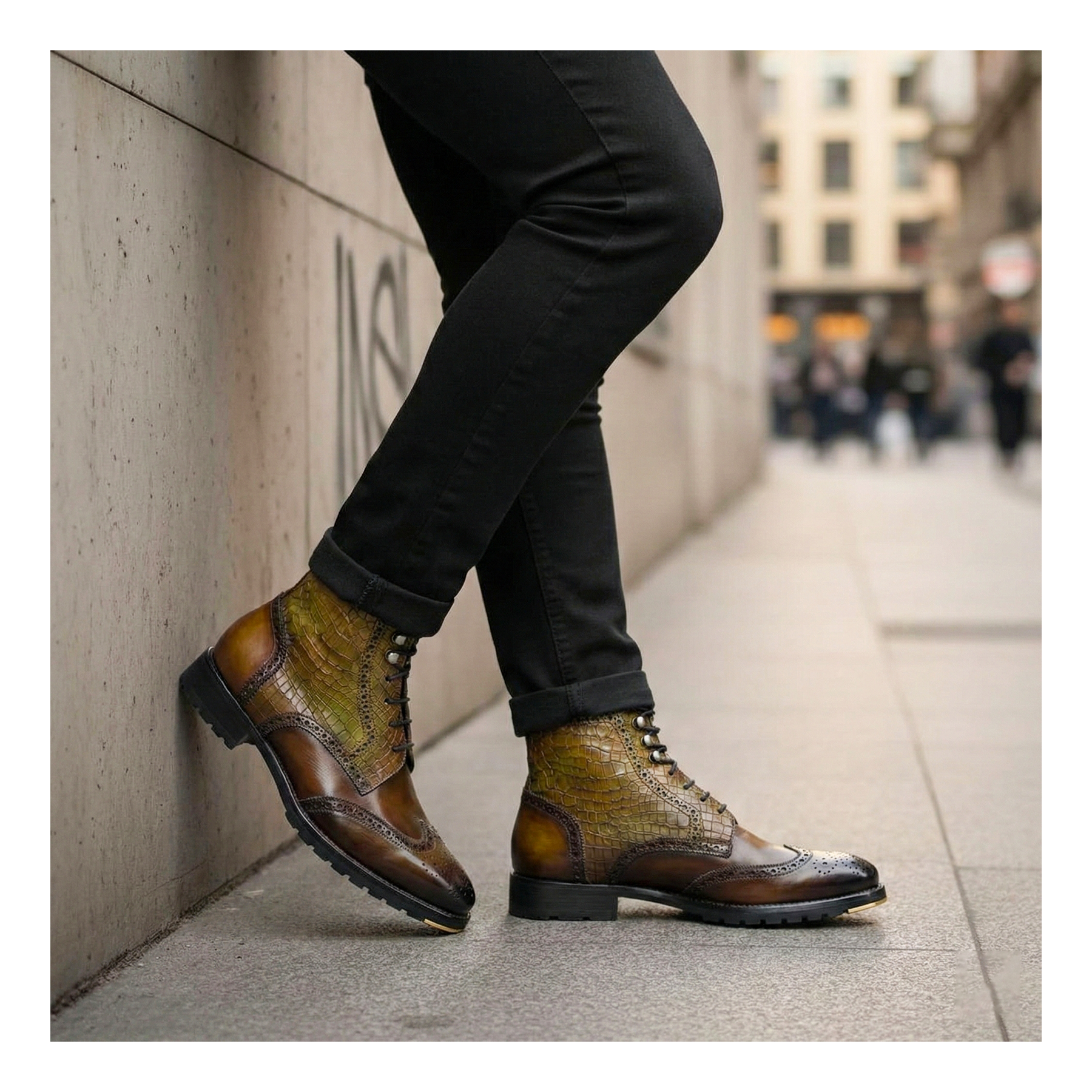 Wingtip Lace Up Boots- Croc Olive | Combat Boots - Lethato display picture 2